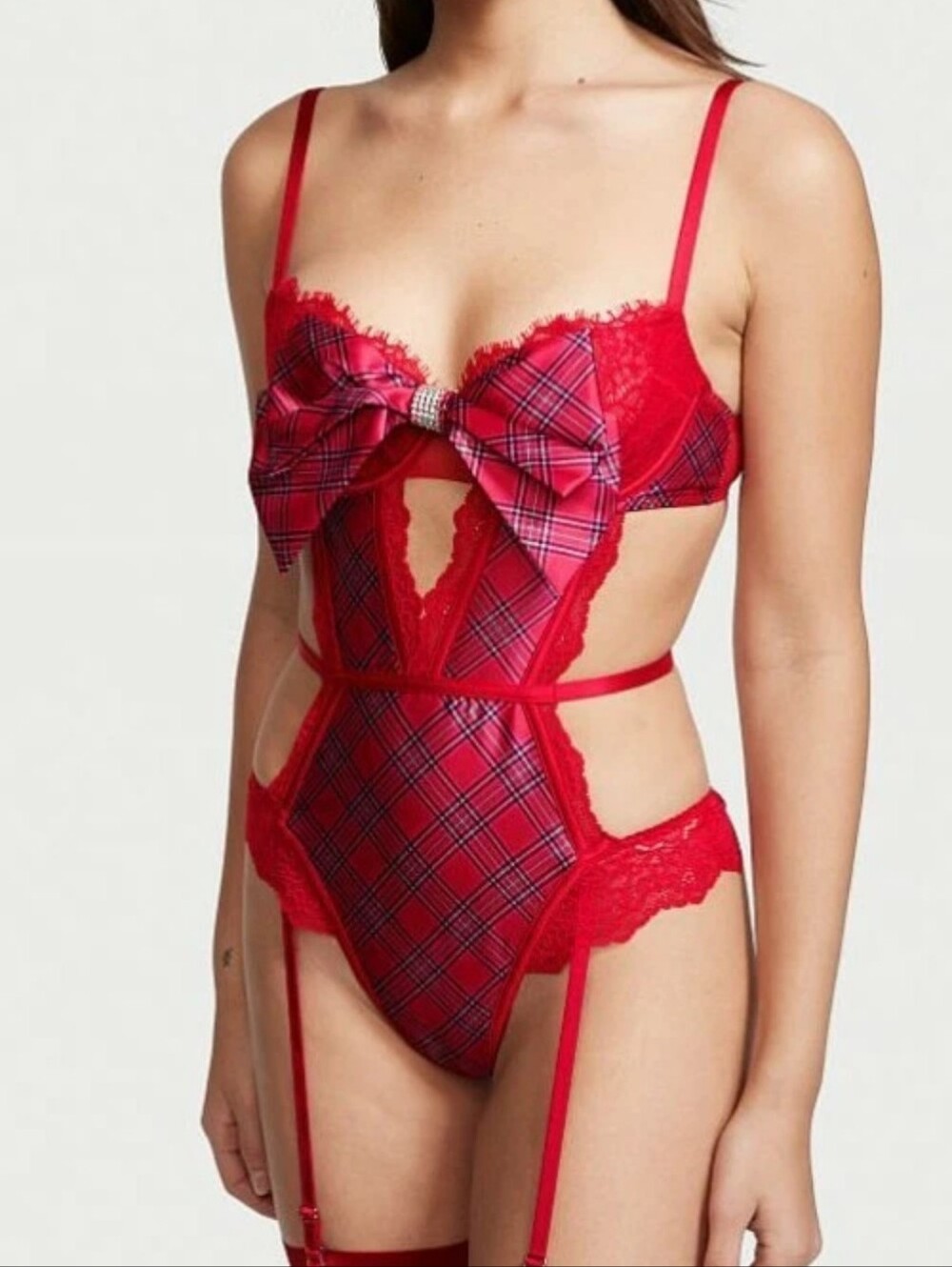 Victoria's Secret Red Plaid Lace Bow Teddy Bodysuit